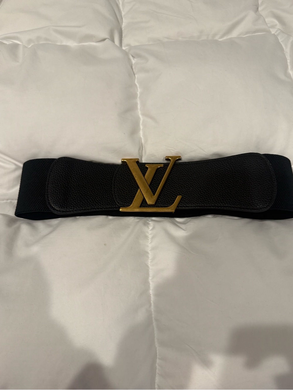 LV Black Elastic Belt with Gold LV Logo Buckle